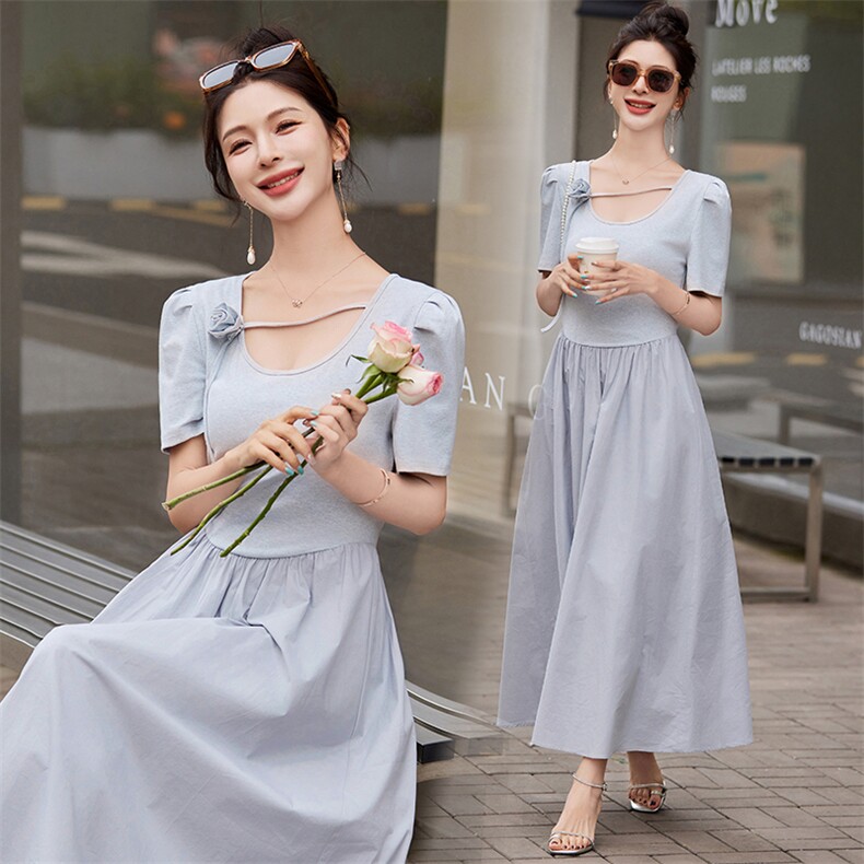 2024夏季新款法式茶歇拼接立体花朵条纹连衣裙女夏季赫本风收腰，女装连衣裙，悠米