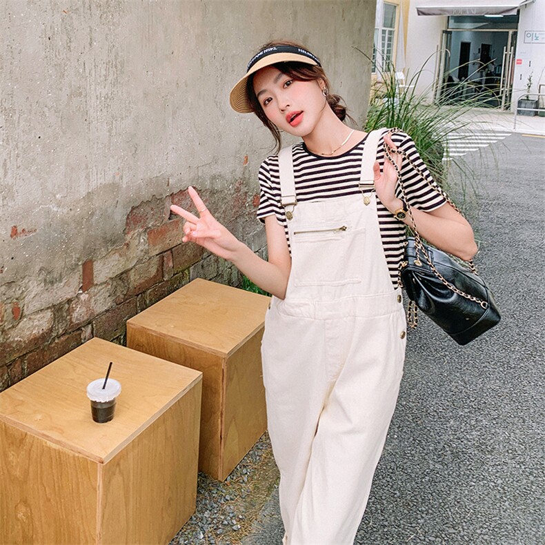 2023夏季新款休闲宽松减龄纯色背带裤配条纹短袖T恤两件套套装女，女装连体裤，一九零