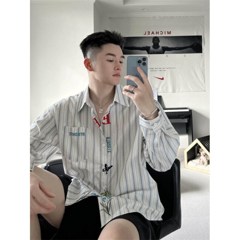 文艺感刺绣衬衫男女长袖春夏防晒休闲宽松外套竖条纹衬衣CX22,男装衬衫,星座1116A（原606A-3）