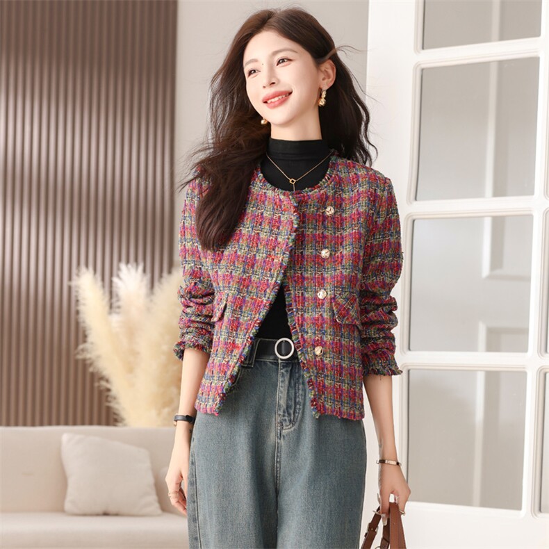 韩城.复古编织格子短款外套女2025春季小香风斜扣翻领显瘦洋气s,女装短外套,梦懿尔