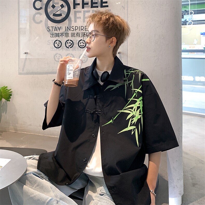 2026夏装潮男新中式印花盘扣短袖五分袖衬衫CS780/特P35黑色,男装衬衫,电商A094