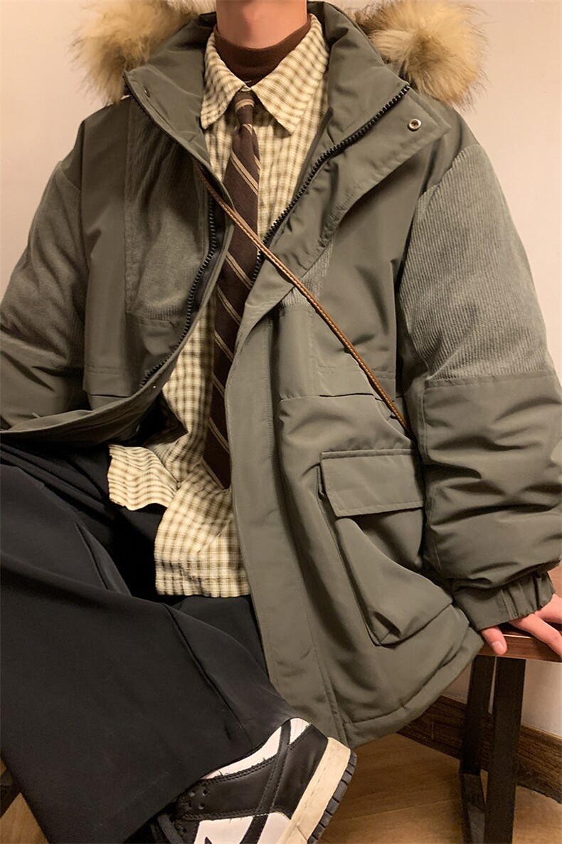 港风2026新品冬季宽松撞色棉服派克服毛领冬装加厚外套D009-P145,男装棉衣,星座717
