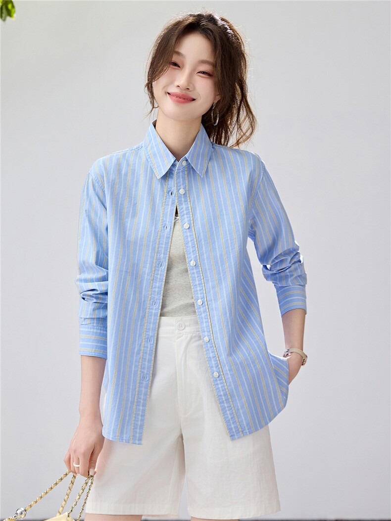 2026春夏新款黄蓝条纹衬衫女宽松显瘦元气少女感衬衣韩系清爽竖条，女装衬衫，艾米