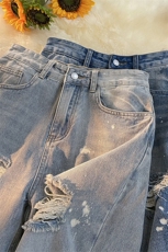 夏季无影墙男士宽松直通毛边破洞乞丐泼漆五分短裤男大码高街小众，男装牛仔裤，星座301D-4(原星座1004-4）