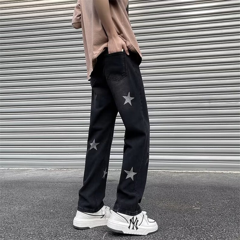 星星牛仔裤男春秋潮牌美式高街设计感宽松直筒休闲长裤N7202-P43,男装牛仔裤,星座1008