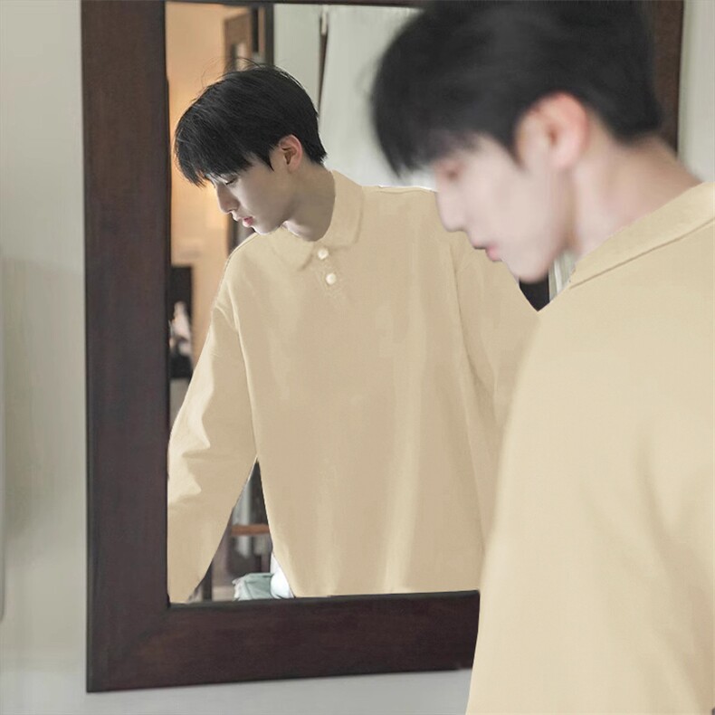 抖音得物高品质二开230克精梳珠地光版纯色宽松长袖T恤翻领POLO衫，男装T恤，电商A486