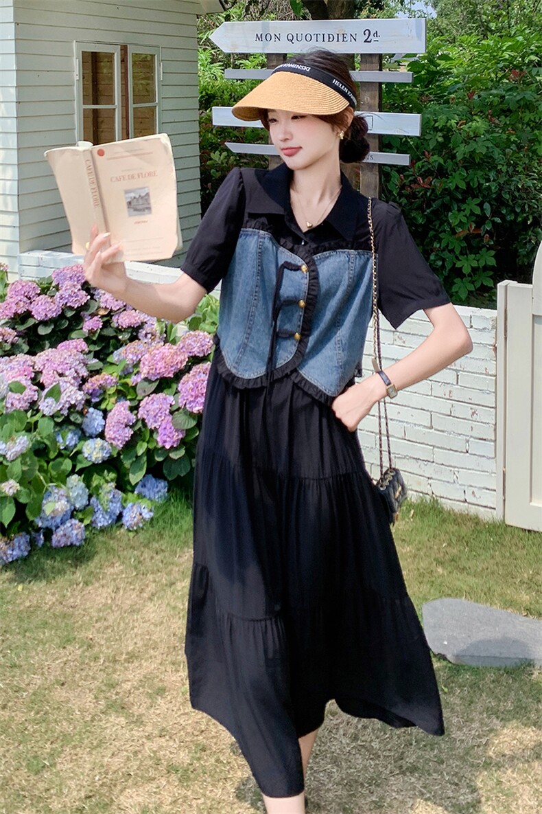 设计感牛仔拼接连衣裙女2025夏季新款韩系减龄显瘦假两件a字长裙,女装连衣裙,2C032