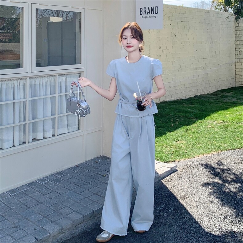 蓝色又酷又飒牛仔套装2025新款女夏流行爆款收腰上衣阔腿裤两件套，女装套装/套裙，2C135