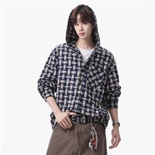 衬衫男春季新款港风宽松连帽大码格子长袖衬衣CS1982-P42，男装衬衫，星座214-3