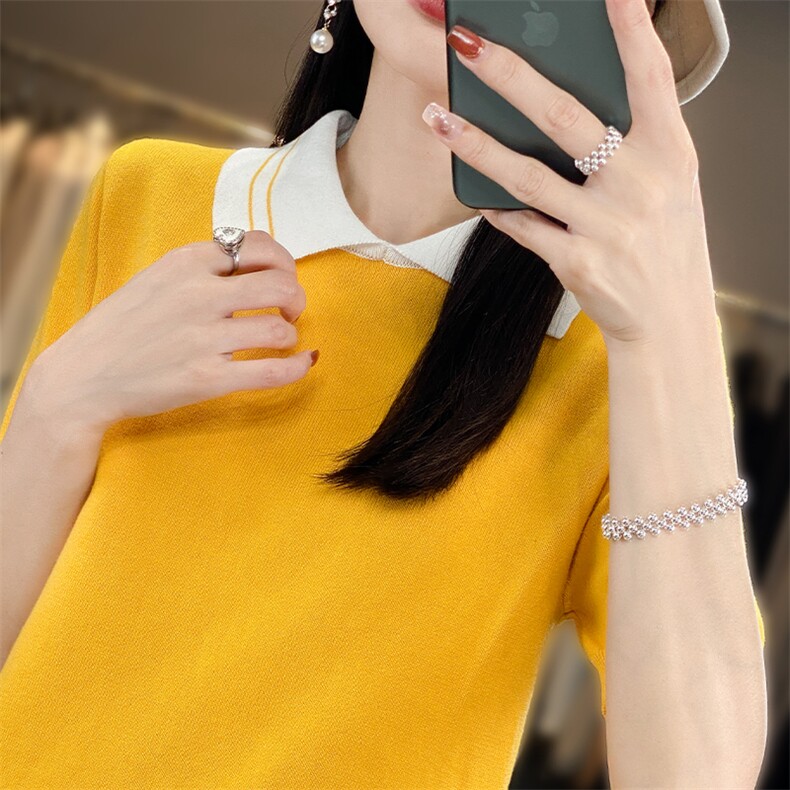 棉麻针织短袖t恤女2025新款Polo翻领休闲高端纯棉薄上衣漂亮小衫,针织衫/毛衣,郡淞羊绒