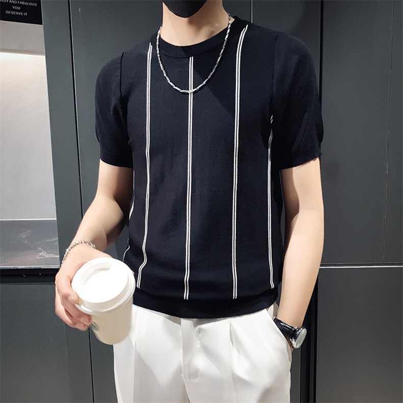 夏季新款冰丝针织短袖T恤男修身时尚社会条纹半袖打底衫M860,男装T恤,星座1116A-2（原606A-1）