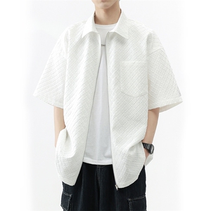 2023潮个性菱形格大码日系短袖衬衫夏季男高级感拉链衬衣C842-P40图片