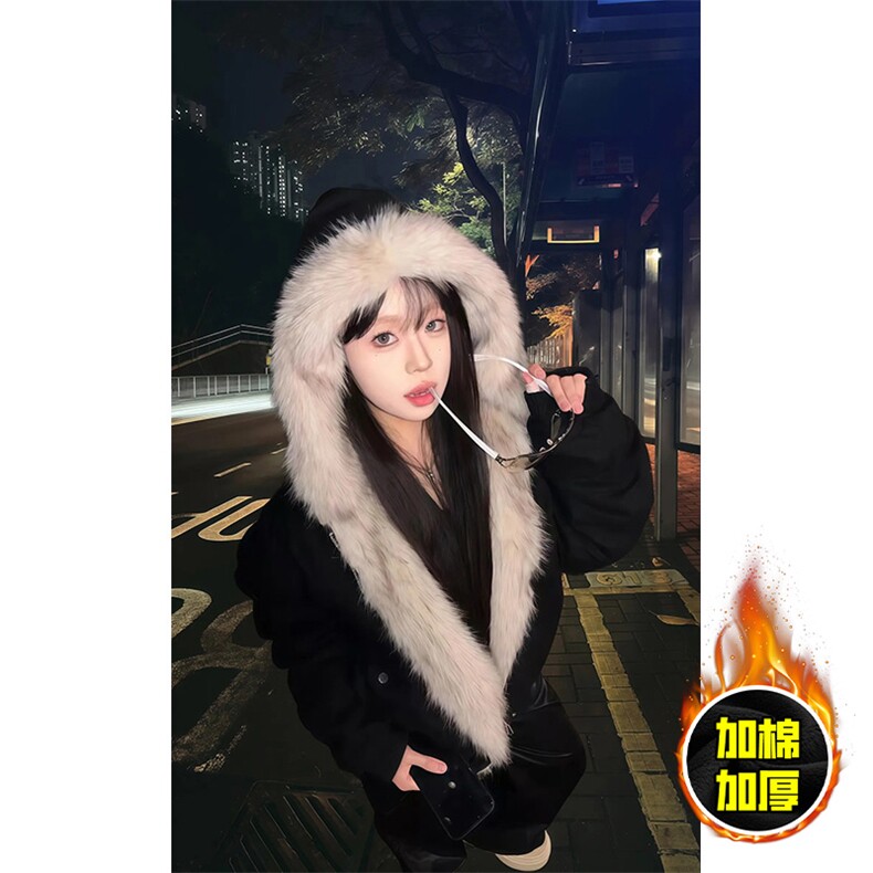 现货高品质美式高街冬季重磅硬挺短款座山雕毛领棉衣男女加厚外套图片