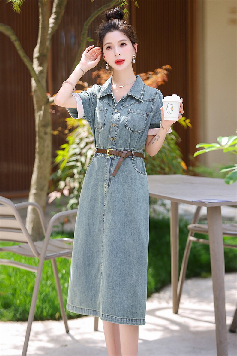 《48H发现货》韩版休闲开叉工装牛仔连衣裙,女装连衣裙,心心服饰