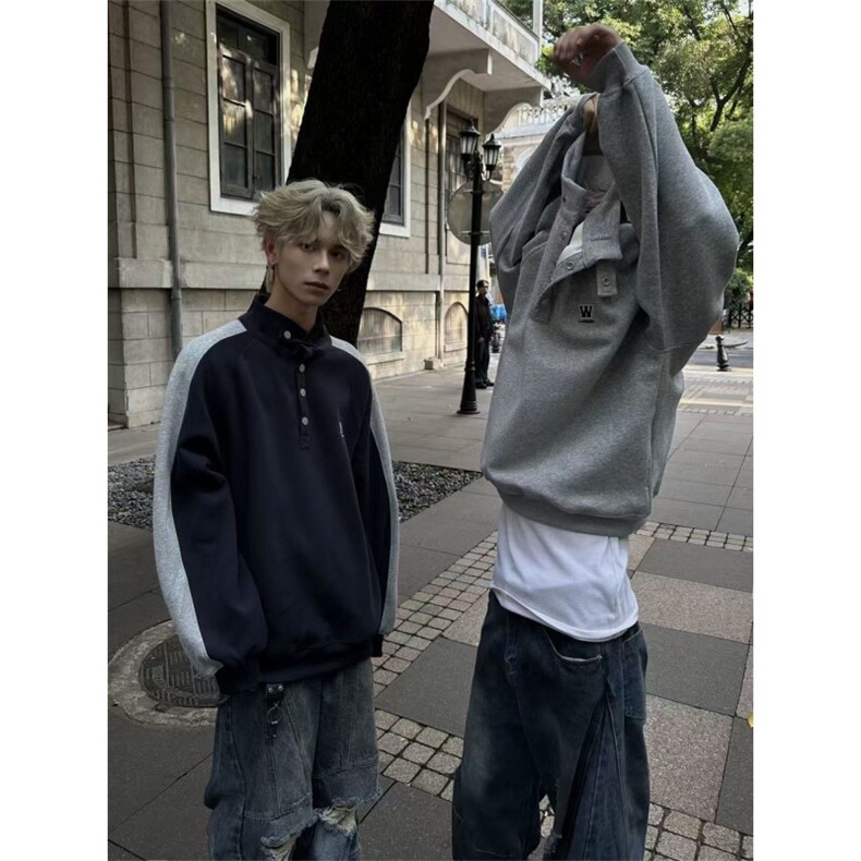 美式复古卫衣撞色拼接个性休闲套头衫长袖外套宽松秋冬款日系上衣,女装短外套,星座506A