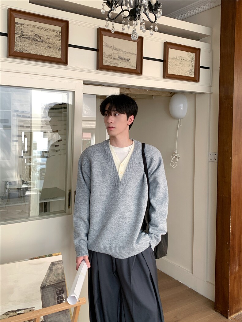 网图850克美式复古假两件v领毛衣男女款秋季针织衫慵懒风外套P58,男装针织衫/毛衣,电商C306-1