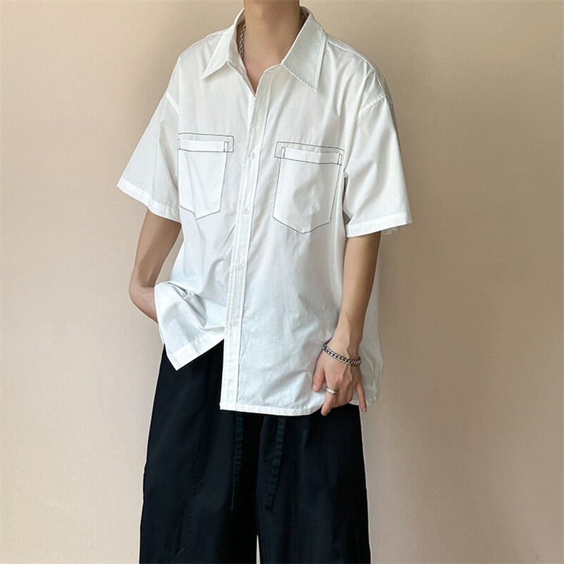 现货-夏季线条衬衫男宽松青少年时尚潮牌短袖衬衣-AC23005-P50,男装T恤,电商A351