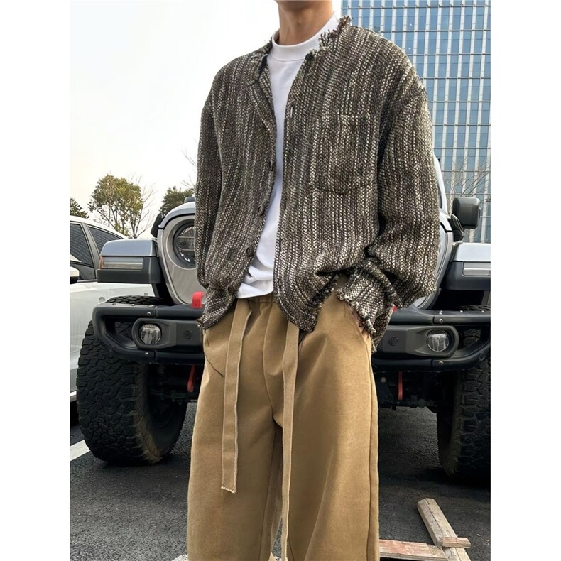 潮流时尚新款ins慵懒废土风混色编织毛边无领夹克日系流行百搭,男装夹克,星座506A