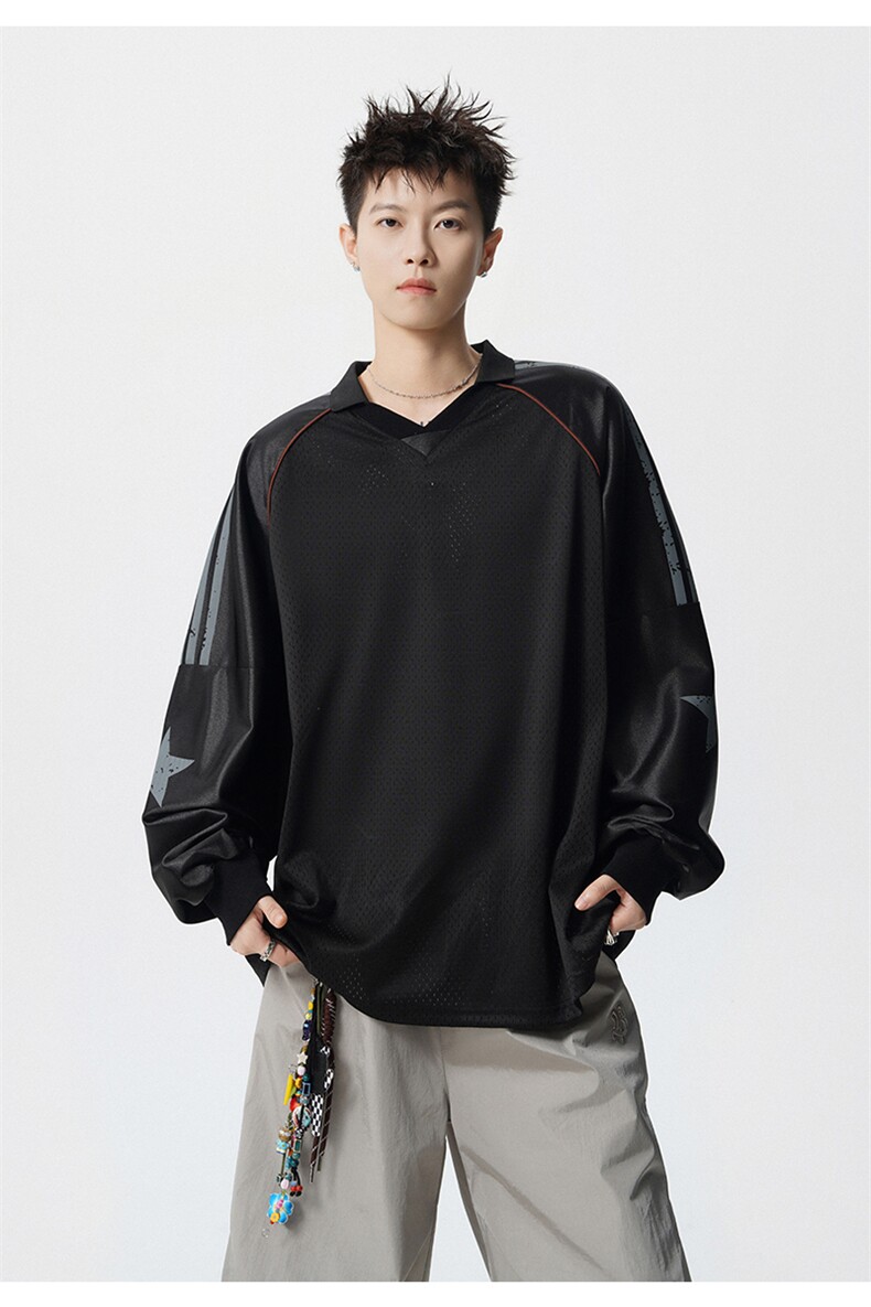 可二开美式POLO衫大码M-5XL拼接V领球衣长袖T恤男CX78111P45控69,男装Polo衫,星座226-1