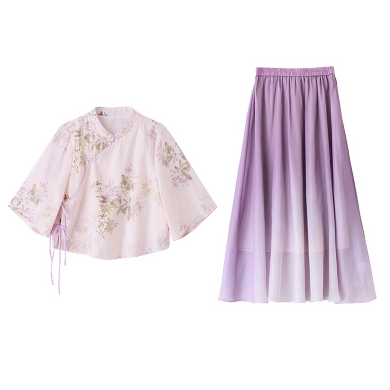 紫色新中式国风套装裙女2025夏季改良汉服日常可穿禅意茶服两件套,女装连衣裙,英标秀（1C119）