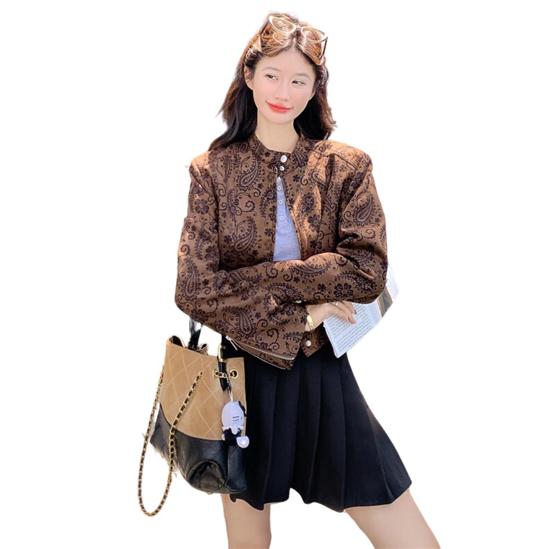 时尚印花立领拉链短款外套女2025秋季新款宽松显瘦休闲百搭夹克潮,女装短外套,1C130