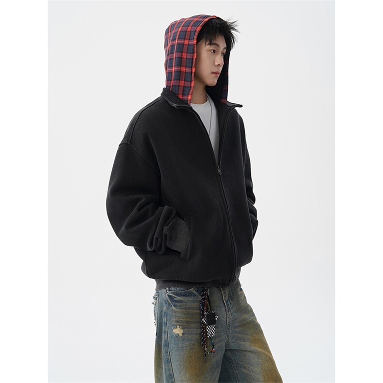 美式做旧假两件连帽卫衣男秋季潮牌拉链拼接格子开衫外套WY20P78，女装短外套，电商D206-1