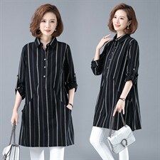 2021春季新款时尚百搭休闲条纹长款衬衫连衣裙，女装连衣裙，小林双子