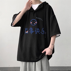 LD54183-P45连帽短袖t恤男大码胖子带帽五分袖中袖大皂风，男装T恤，电商A040