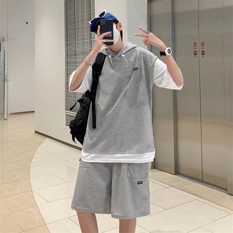 华夫格短袖夏季套装男士假两件青少年帅气连帽运动休闲薄款一套图片