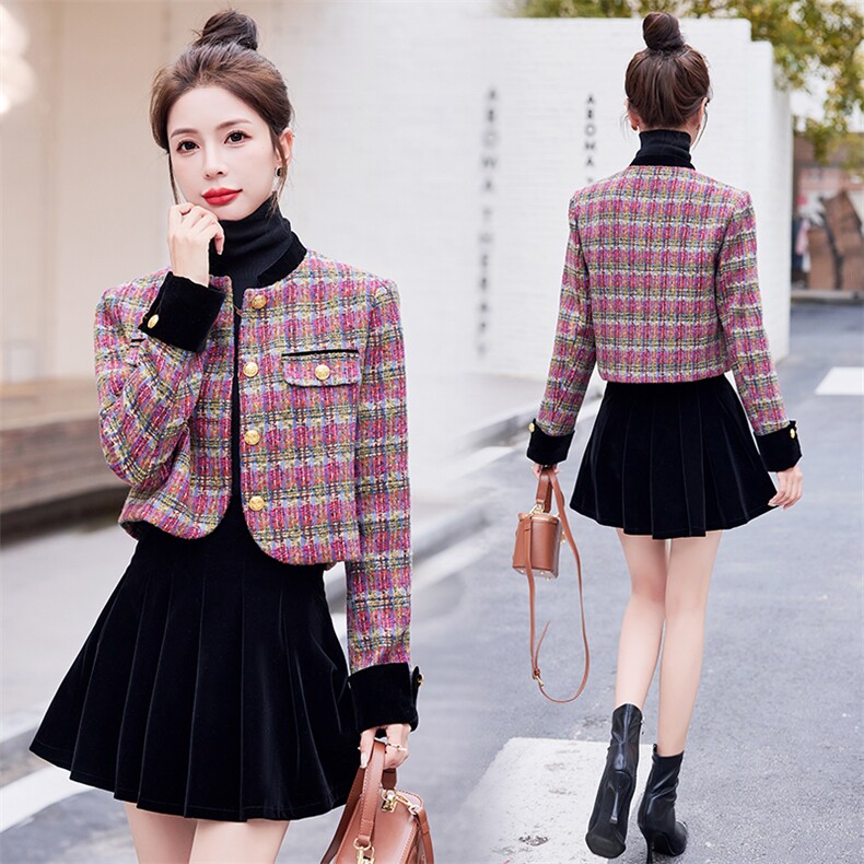 【新款现货】2023秋冬装粗花小香风套装显瘦外套半身裙两件套,女装套装/套裙,韩宇舍