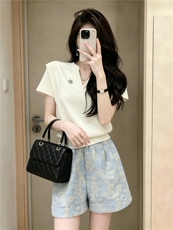 高级感时尚气质套装女夏新款V领短袖上衣提花阔腿短裤两件套潮流，女装套装/套裙，江南