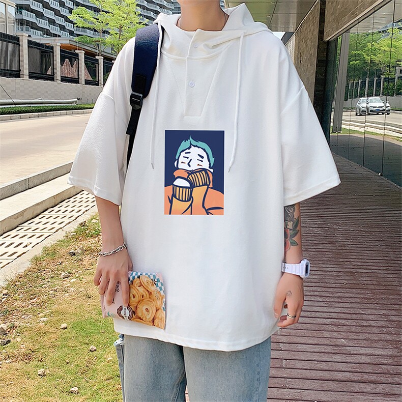 LD54042-P45 连帽短袖t恤男大码胖子带帽五分袖中袖图片