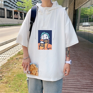 LD54042-P45 连帽短袖t恤男大码胖子带帽五分袖中袖图片
