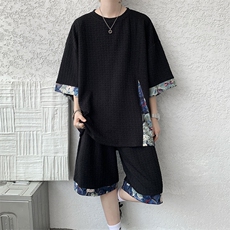 TZ789-特P55控98夏季T撞色拼接小熊大码短袖短裤凉感冰丝套装，男装牛仔裤，电商A059