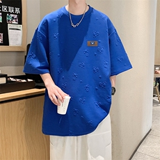 T903P35华夫格重磅350克小熊提花休闲高级感男士短袖T恤，男装T恤，电商A026-1