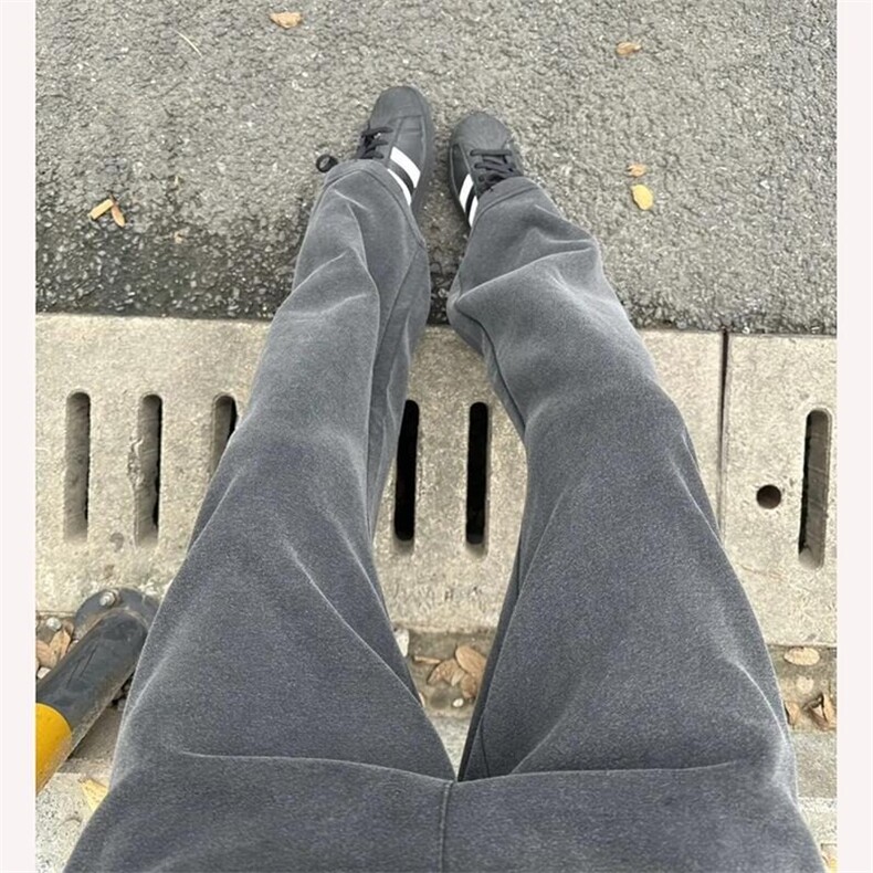 水洗做旧弯刀加绒卫裤男春秋直筒垂感阔腿裤子慵懒风美式休闲长裤,男装休闲裤,星座506A