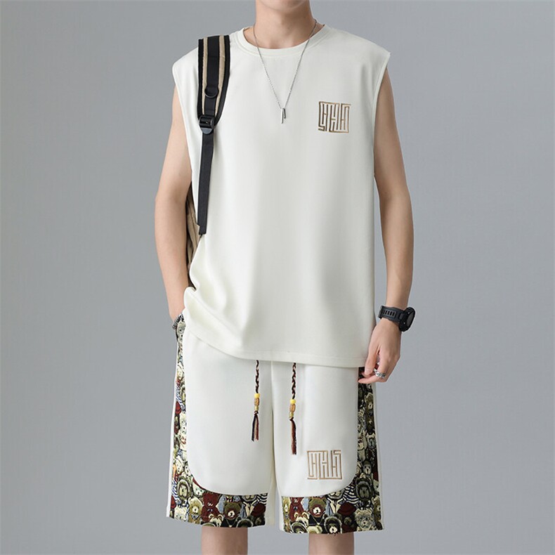 刺绣背心两件套汗衫夏季小熊短裤休闲运动套装男A266-TZ1108-P46,男装牛仔裤,电商A266