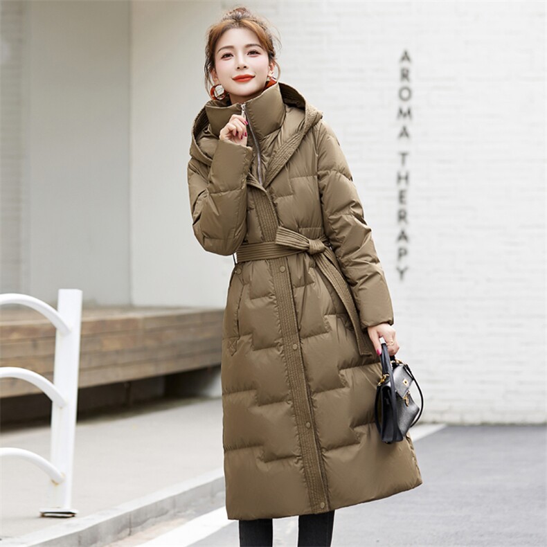加厚保暖长款过膝羽绒服女2024冬新款收腰显瘦时尚连帽白鸭绒外套图片