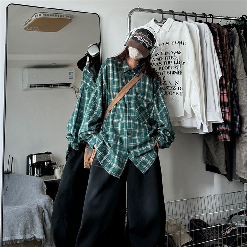 衬衣男春季新款港风宽松大码磨毛格子长袖衬衫CS530-P38，男装衬衫，星座214-3