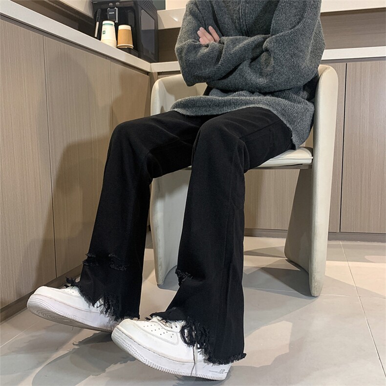现货秋冬黄泥美式vibe裤高街黑色微喇直筒毛边牛仔裤男K890-P55,男装牛仔裤,星座205