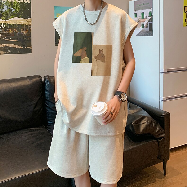 直播美式麂皮绒宽松背心无袖t恤短裤大码两件套套装TZ106-P58,男装T恤,电商A486