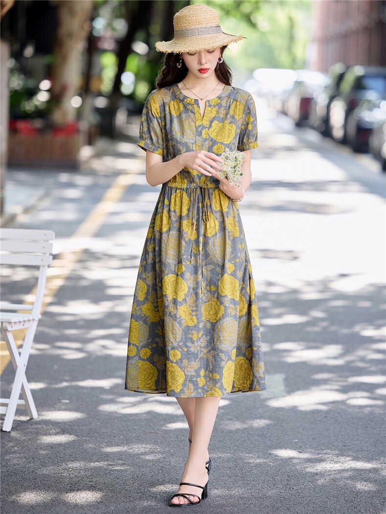 气质玫瑰印花棉麻连衣裙女2026夏季新款洋气减龄休闲收腰显瘦裙子,女装连衣裙,倪叶myz