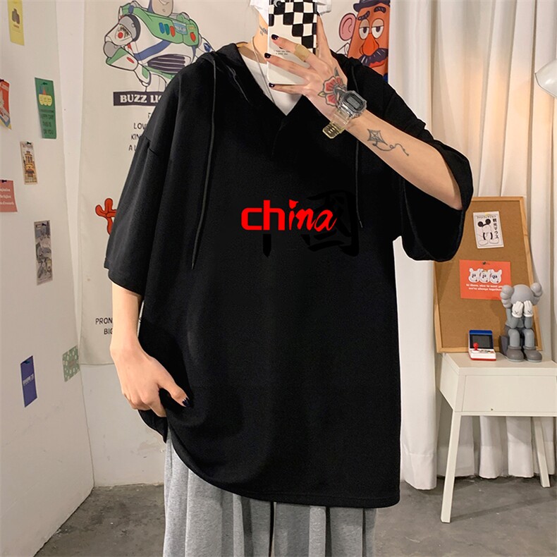 LD54189-P45连帽短袖t恤男大码胖子带帽五分袖中袖,男装T恤,电商A040