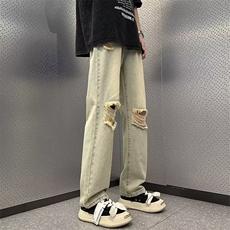 1506-1/K9961/P42黄泥染高街破洞牛仔裤男美式复古宽松显瘦百搭，男装牛仔裤，星座1506-1