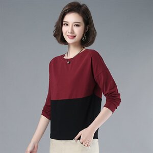 2021年春季通勤韩版圆领拼色长袖T恤女打底经典厚款上衣图片