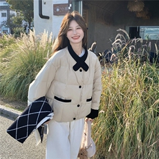 韩版撞色拼接羽绒服女短款冬季新款宽松显瘦面包服白鸭绒保暖外套，女装羽绒服，2C159