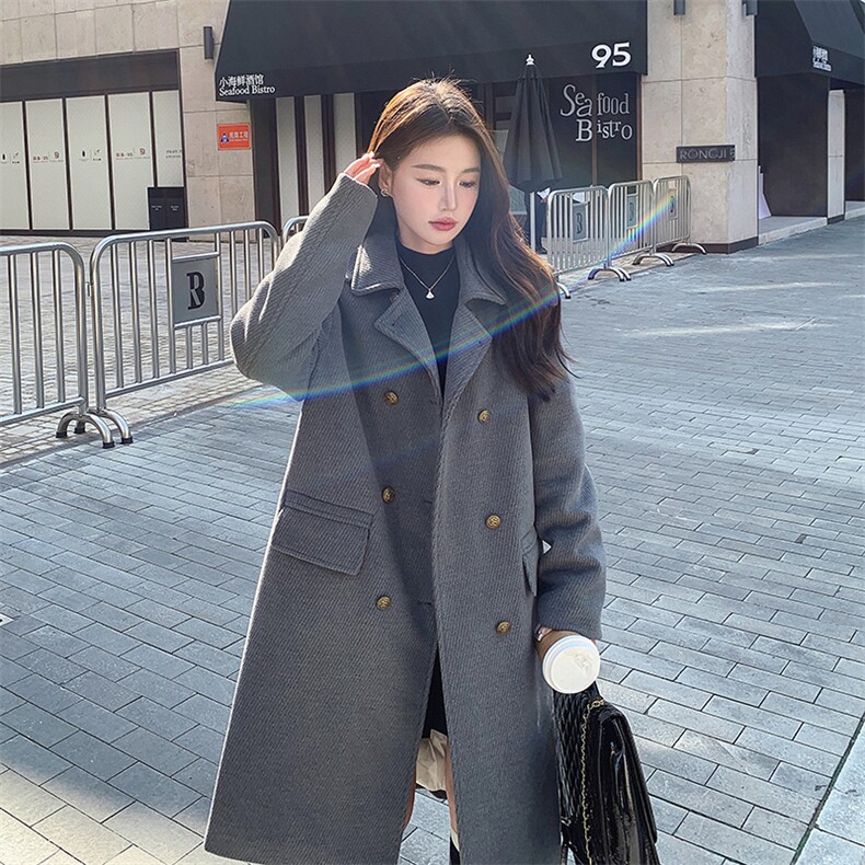 灰色中长款夹白鸭绒毛呢外套女2023冬季新款高级感设计加厚呢大衣,女装毛呢外套,辉之琳