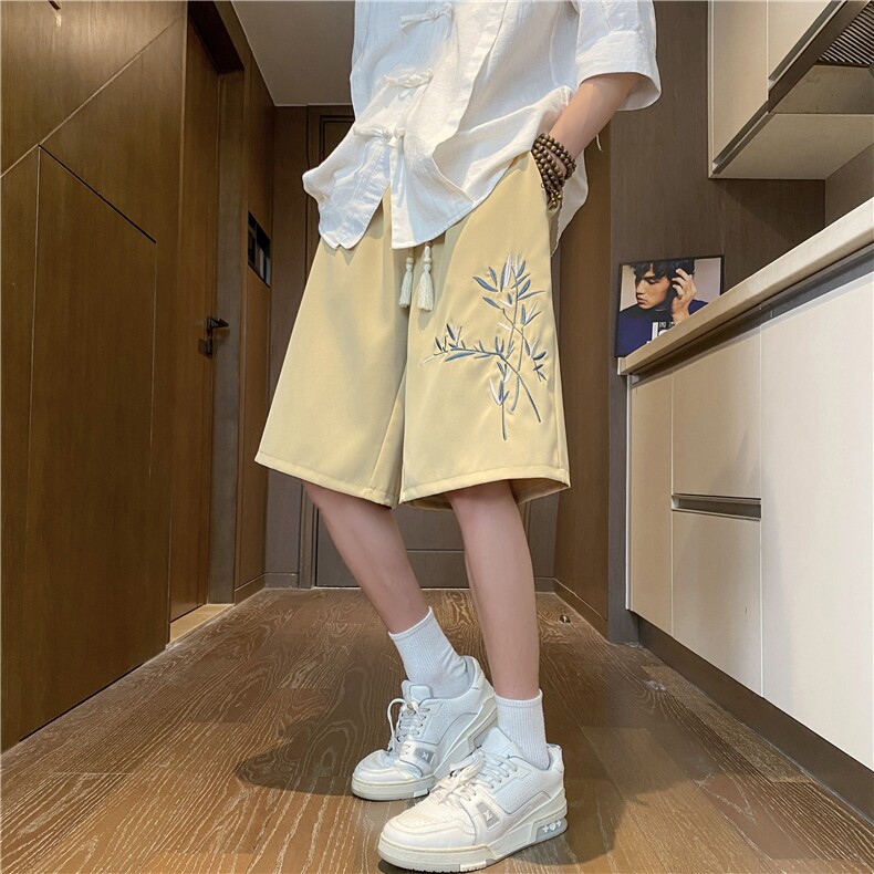 2024夏季新款新中式竹叶刺绣垂感宽松五分裤B315-K24129-p35控48,男装牛仔裤,电商B315
