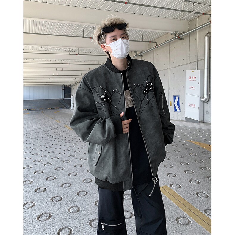 美式蜘蛛刺绣飞行员皮衣复古夹克做旧棒球服外套男女JK85555-p78图片