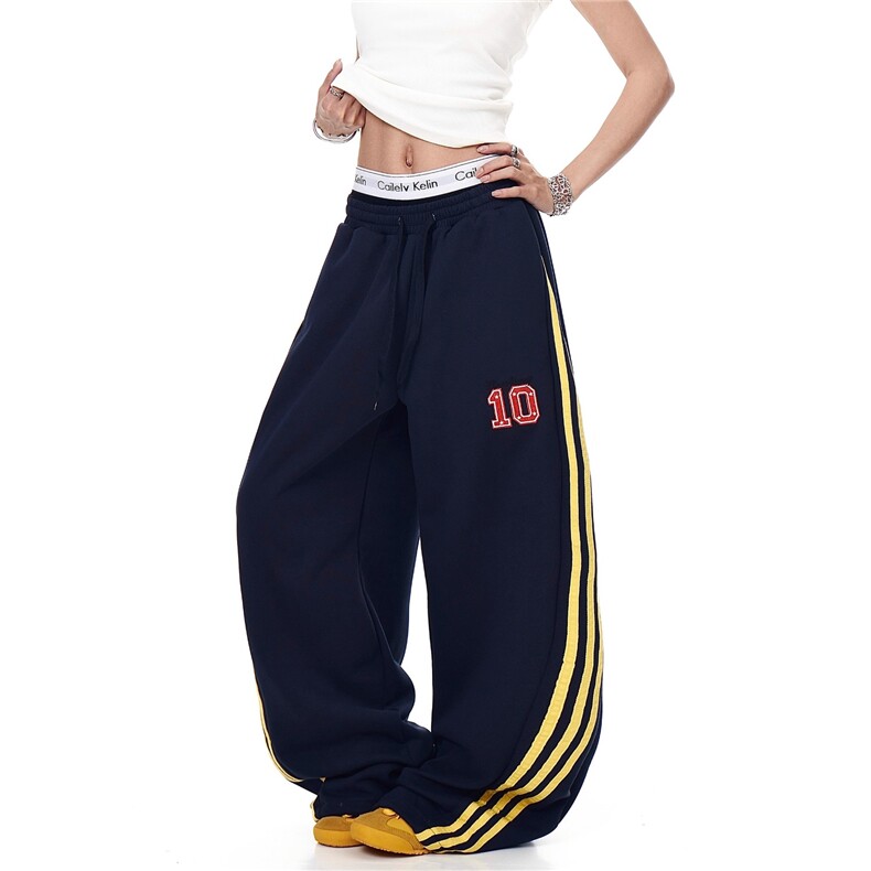 得物品质秋款男女同款卫裤三条杠条纹阔腿弯刀长裤K631P43，男装休闲裤，星座1013-1